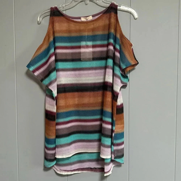 NWT EASEL Striped Open Knit Striped Cold Shoulder Short Sleeve Top Size Small - Picture 2 of 6